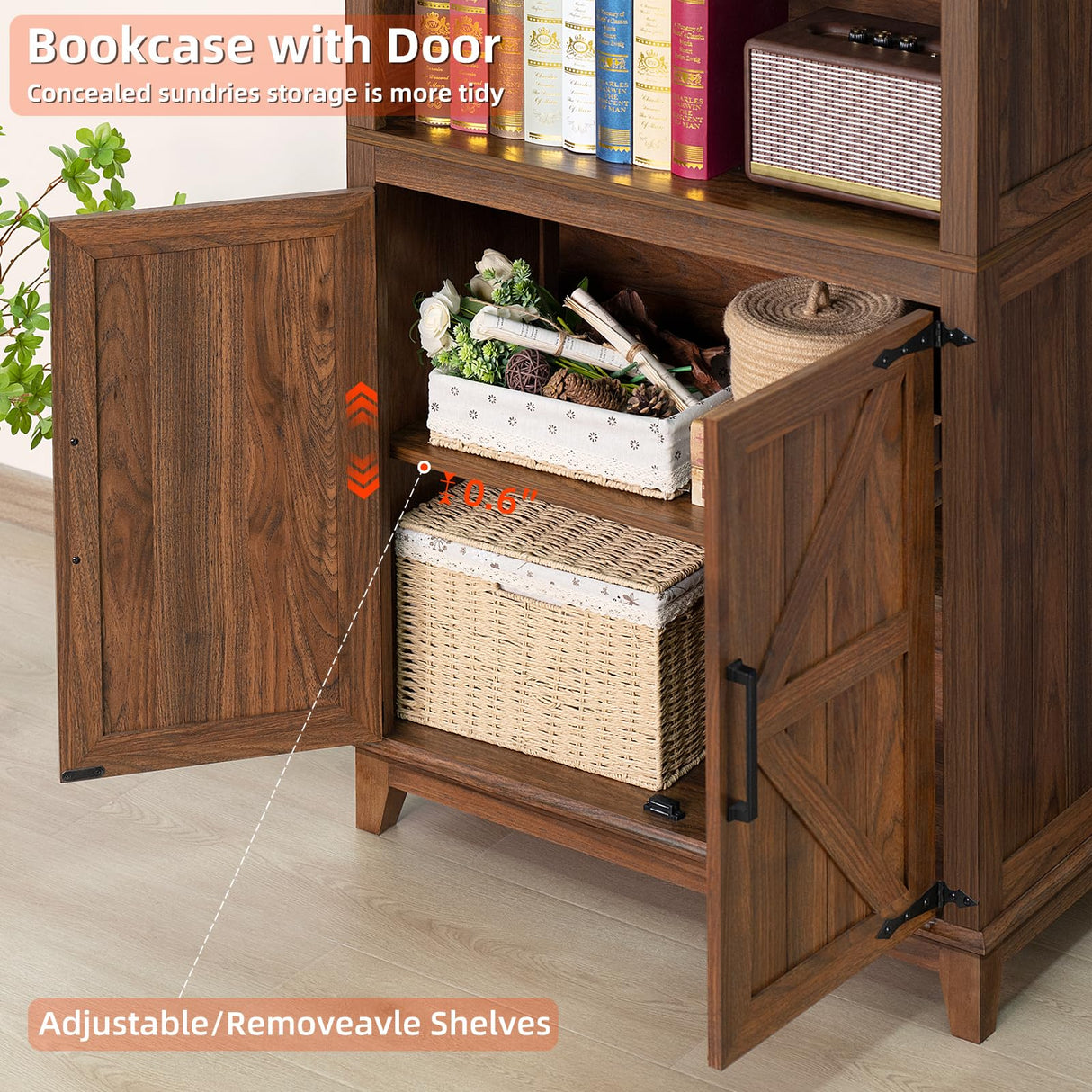 Joaxswe 70in Tall Bookshelf 5 Tier Bookcase with Barn Doors and Adjustable Shelves, Brown Farmhouse Book Shelf with Storage Cabinet, Wood Freestanding Display Bookshelves for Bedroom, Living Room Joaxswe