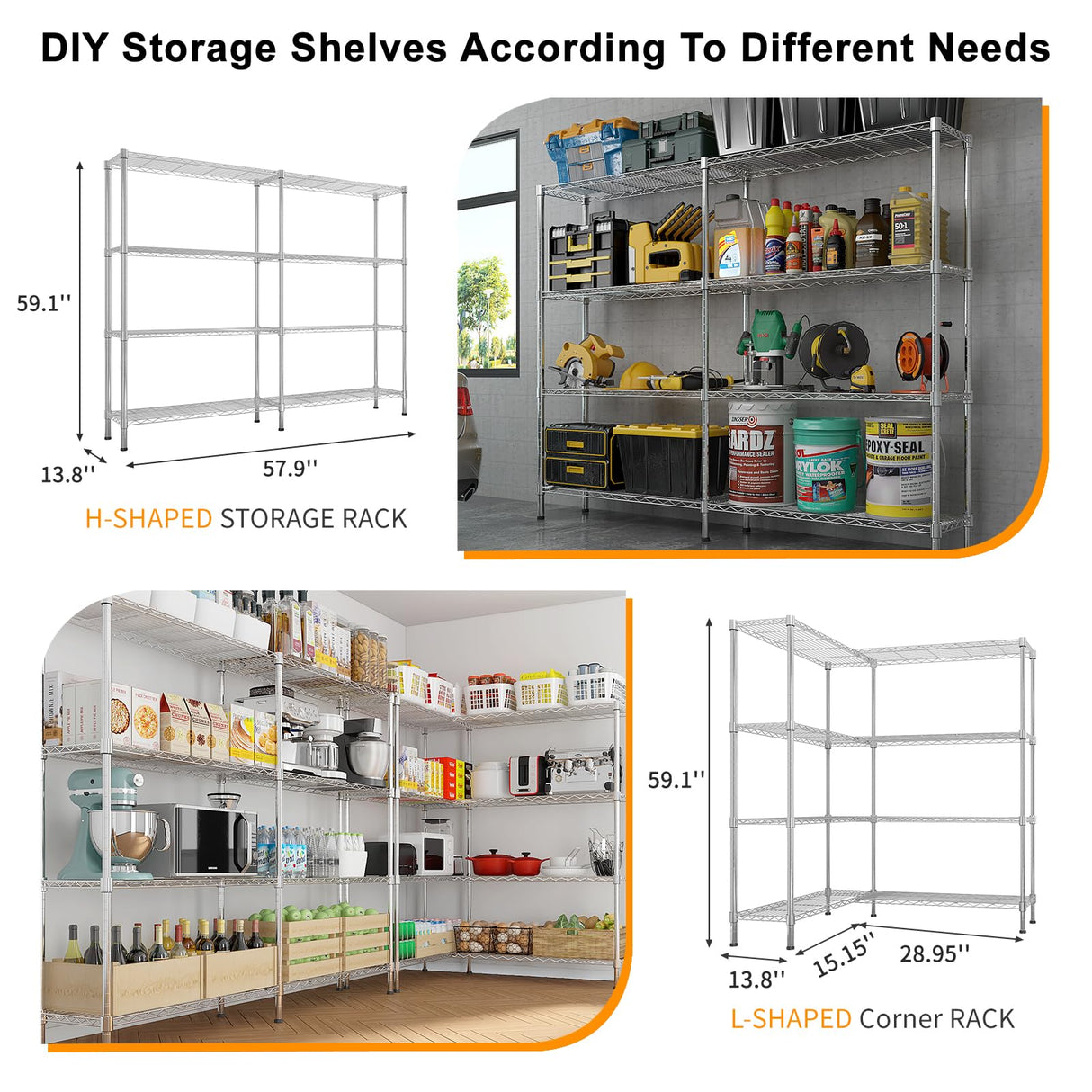 58''W*59.06''H*13.8" D L Shaped Adjustable Storage Shelves, 58''W 4 Tier Standing Shelf Unit, 1200LBS Metal Shelving for Storage, Heavy Duty Garage Shelf Pantry Rack Shelves Kitchen Shelving SESAISHEIR