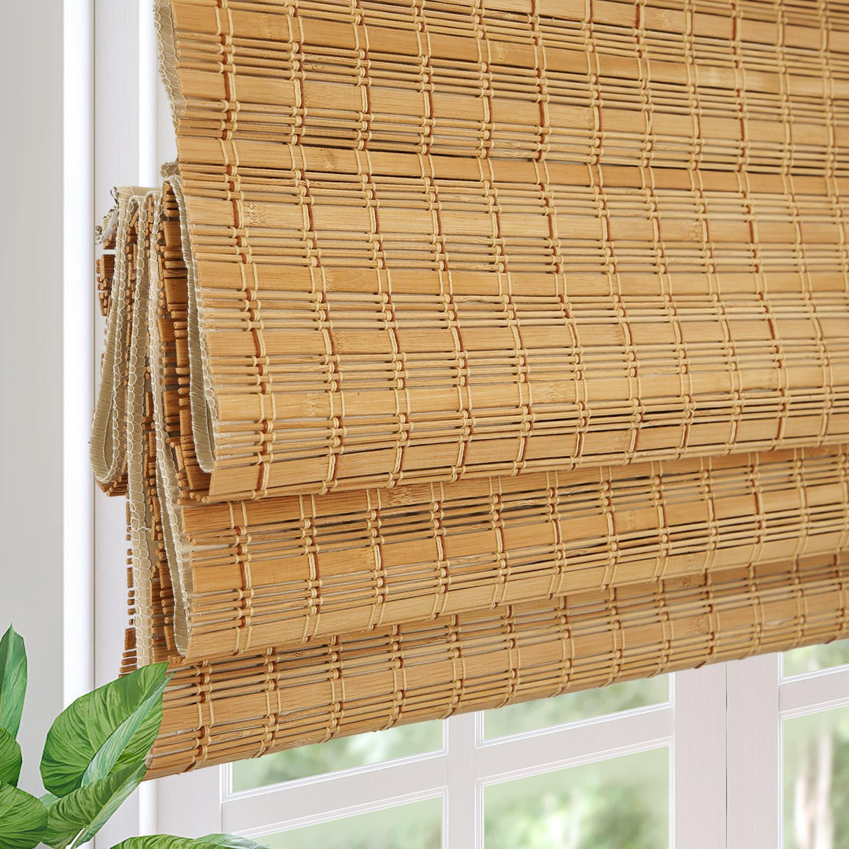 Comzone Blinds Cordless Blackout Bamboo Roman Shades, Easy Installation Natural Woven Wood Shades, Great Privacy Lined Bamboo Blinds for Windows, Camel Comzone Blinds