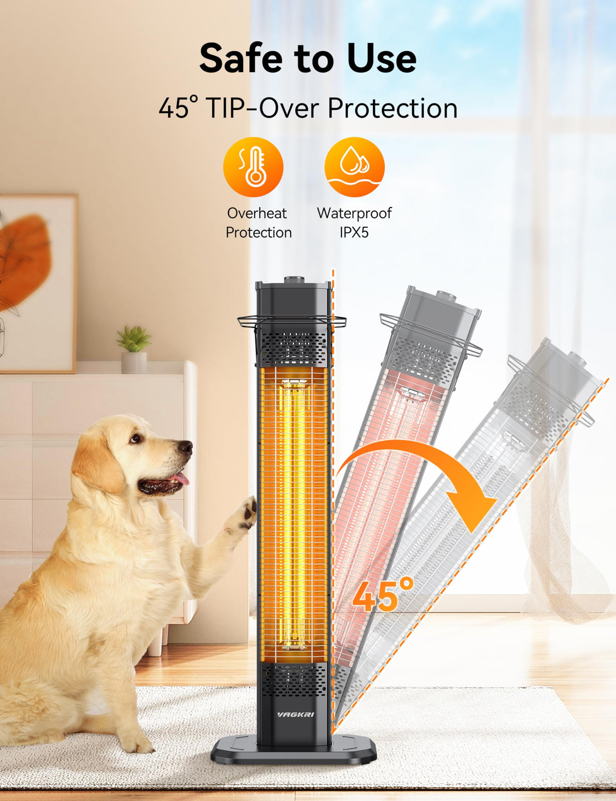 VAGKRI Outdoor Infrared Heater, 1500W 36inch Electric Heater with 3 Heating Levels, Tip-Over & Overheat Protection, IPX5 Waterproof Tower Space Heater for Patio Backyard Garage Restaurant Home VAGKRI