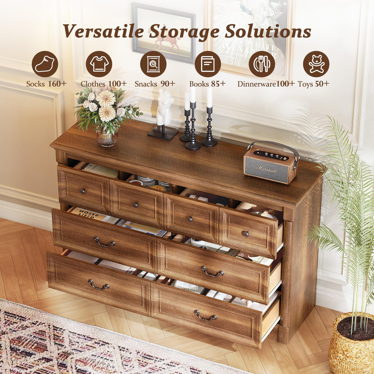 Concho Farmhouse 8 Drawers Dresser for Bedroom, 53'' Wide Wood Chest of Drawers with Spacious Deep Storage Space, Rustic Storage Dressers Organizer, TV Stand for Living Room, Bedroom, Rustic Brown Concho