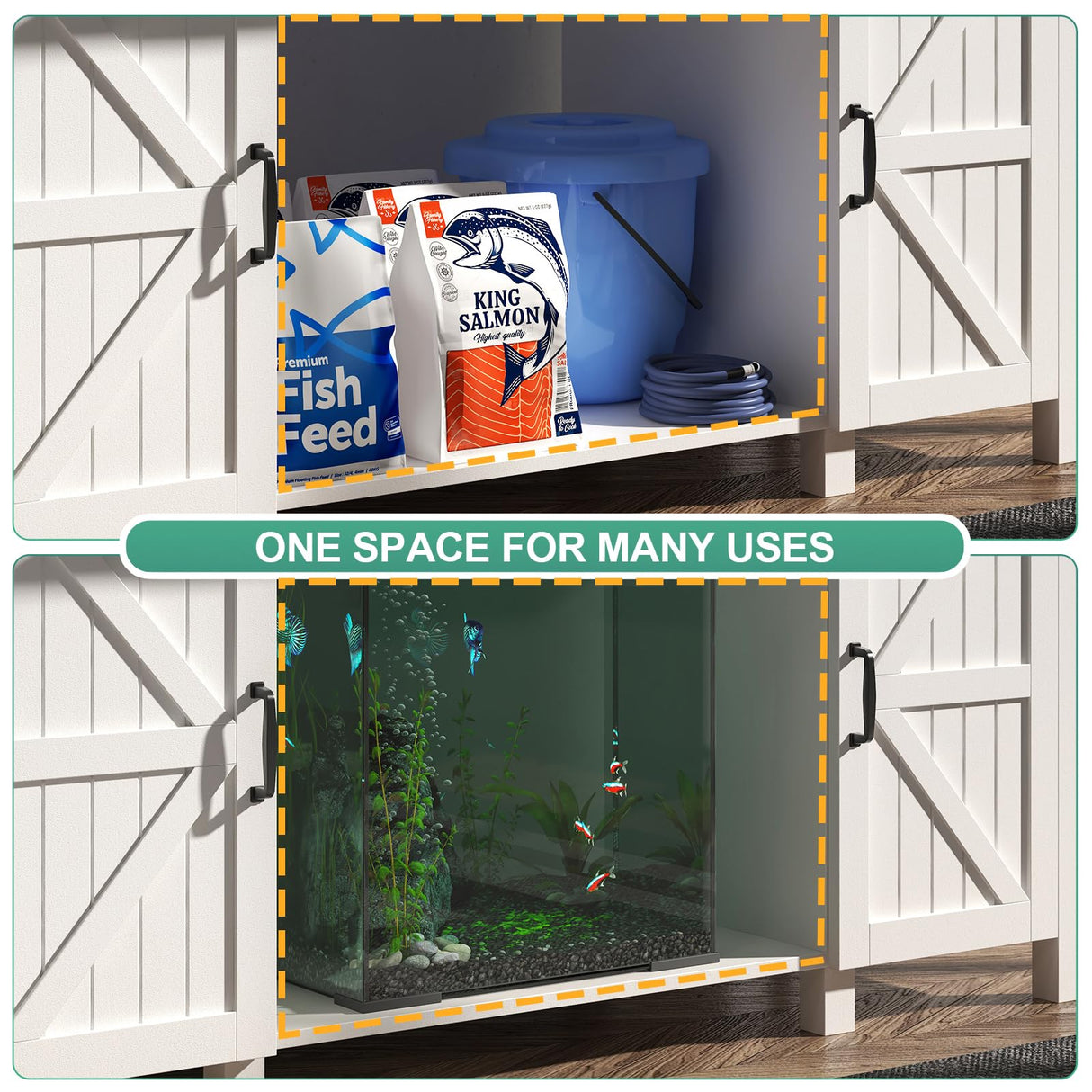 Saudism 55-75 Gallon Aquarium Stand With Charging Station, Farmhouse Fish Tank Stand, Reptile Tank Stand Terrarium Stand with Drawer and Cabinet Storage, Sturdy Heavy Duty 53.5"×19.7" Tabletop - White Saudism