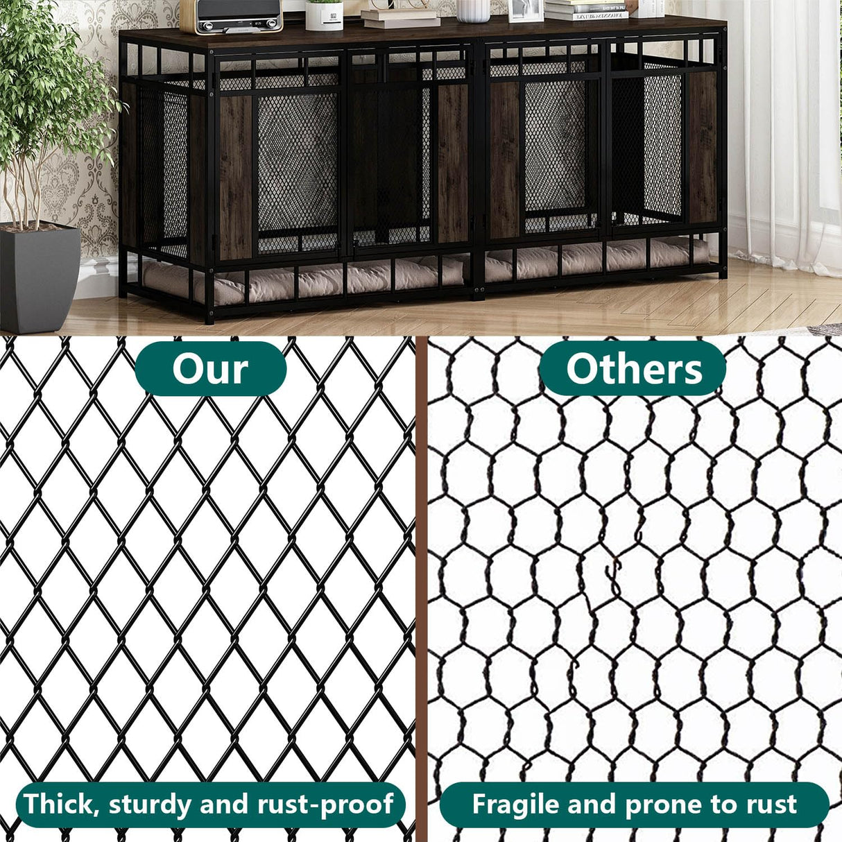 DAWNSPACES Furniture Dog Crate, 71" Heavy Duty Wood Dog Cage Kennel House Furniture with a Removable Divider, Indoor Dog Crate Table TV Stand with Double Doors for Large Medium Breed Dogs, Brown DAWNSPACES