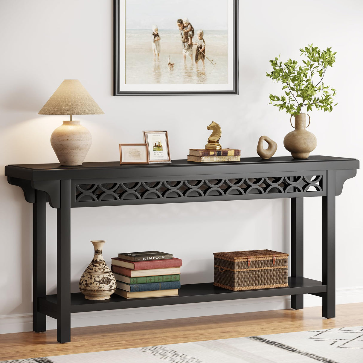 Tribesigns 70.8-Inch Solid Wood Long Console Table, Farmhouse Entryway Table with Storage, Narrow Sofa Table Grey Couch Table for Living Room Entryway Hallway (Black) Tribesigns