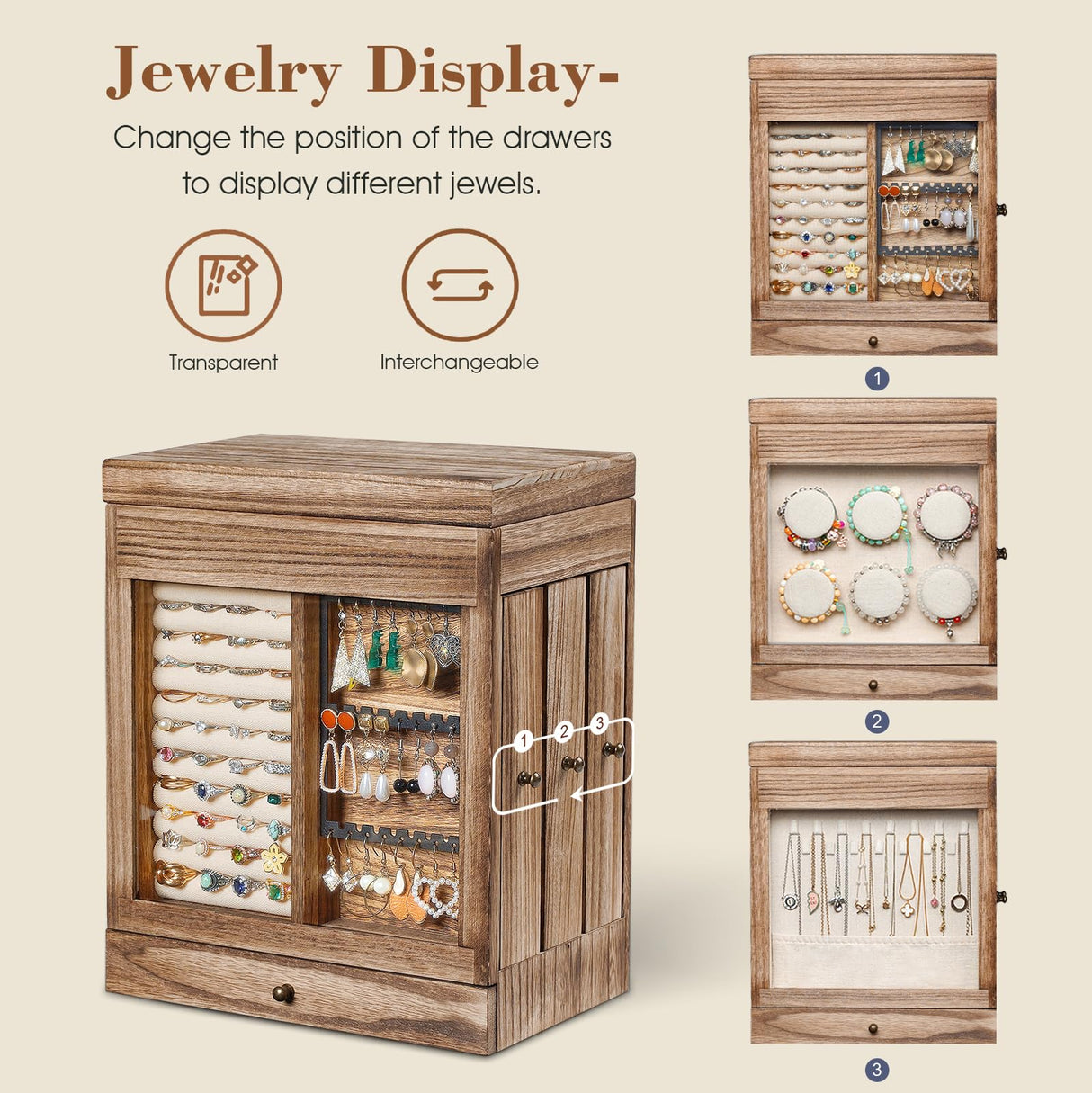 Honiway Jewelry Box for Women, 5 Layer Rustic Wooden Jewelry Organizer with Glass Window, 4 Drawers, Mirror, Large Jewelry Storage Display for Earrings Rings Necklaces Bracelets (Rustic Brown) Honiway