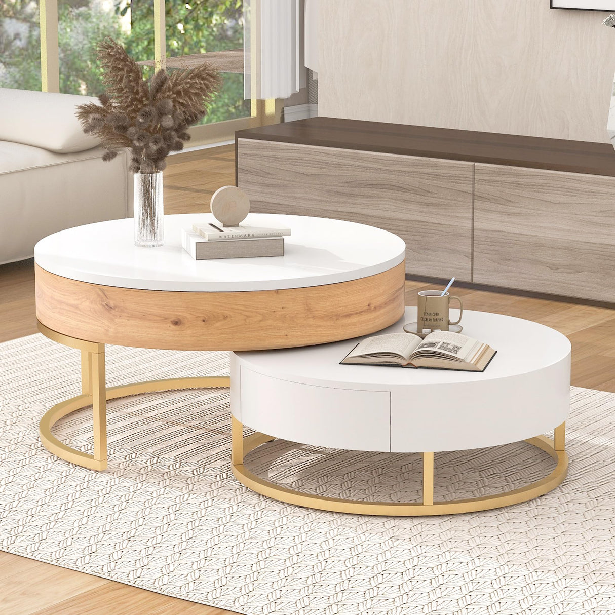 Modern Round Lift-top Nesting Coffee Tables with 2 Drawers for Living Room White & Natural Flieks