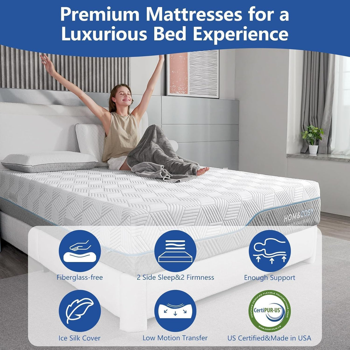 Mattress King 16 Inch Plush Soft with Ice Silk Cover,Cool Green Tea/Gel Memory Foam Mattresses in Box,Dual Side-Extra Firm Mattress for Back Pain, Fiberglass-Free, CertiPUR-US,Made in USA 80'' x 76'' WEUP