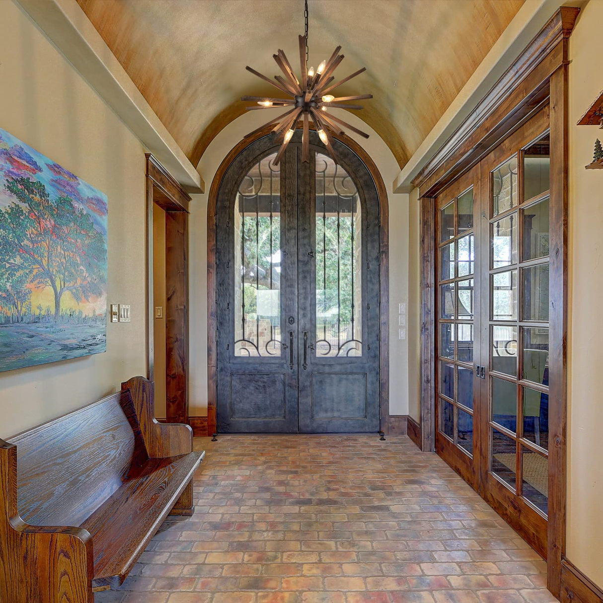 VANZARLA 9-Light Sputnik Pendant Light Black, Farmhouse Wood Chandelier for Dining Room Industrial Hanging Light Fixture Ceiling for Bedroom Entryway Kitchen Foyer Living Room VANZARLA