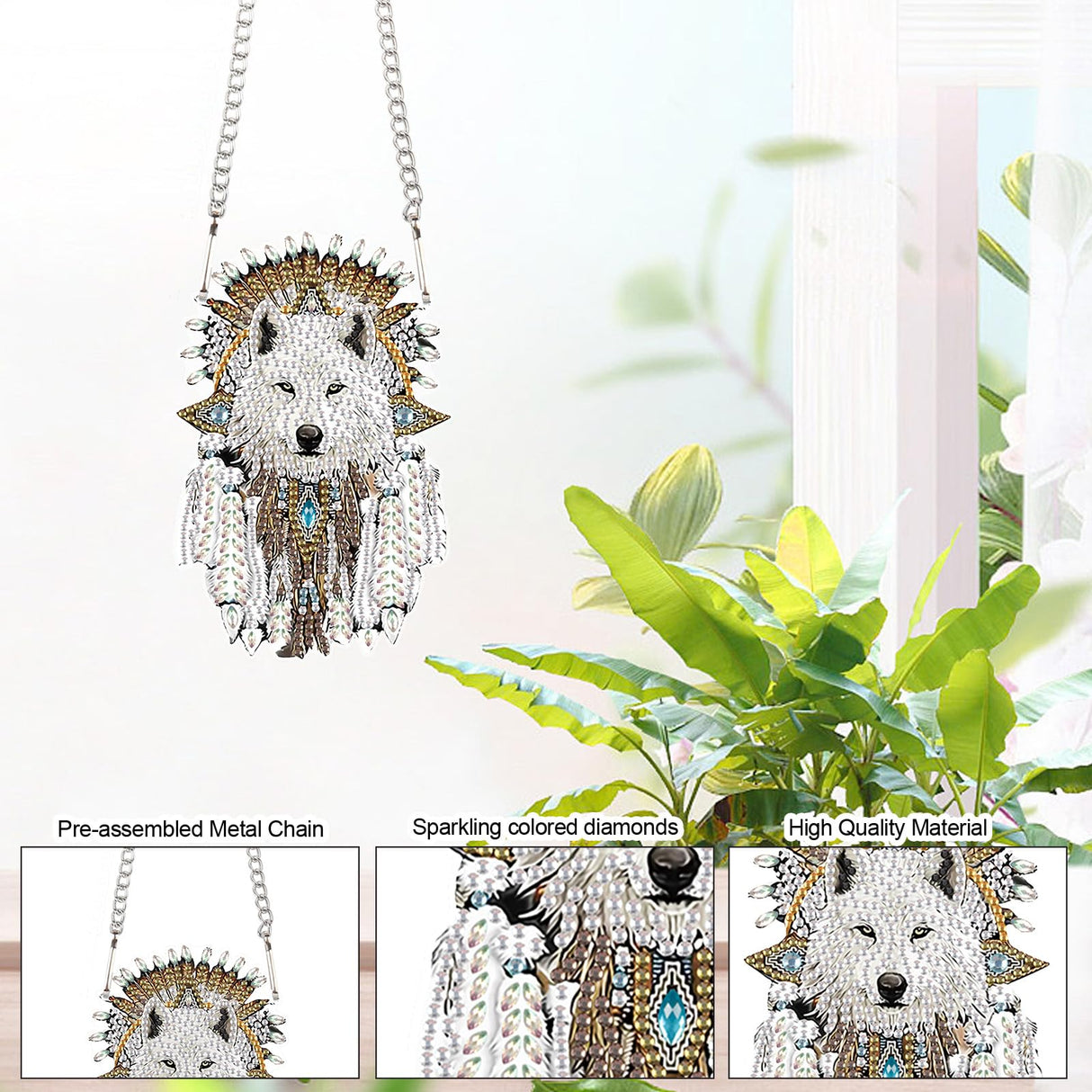 White Wolf Diamond Painting Hanging Ornament – DIY 5D Crystal Art Kit with Feathers, Tribal Totem Style Diamond Art Pendant Ornament Wall or Window Decoration for Adults AiYuanzsh