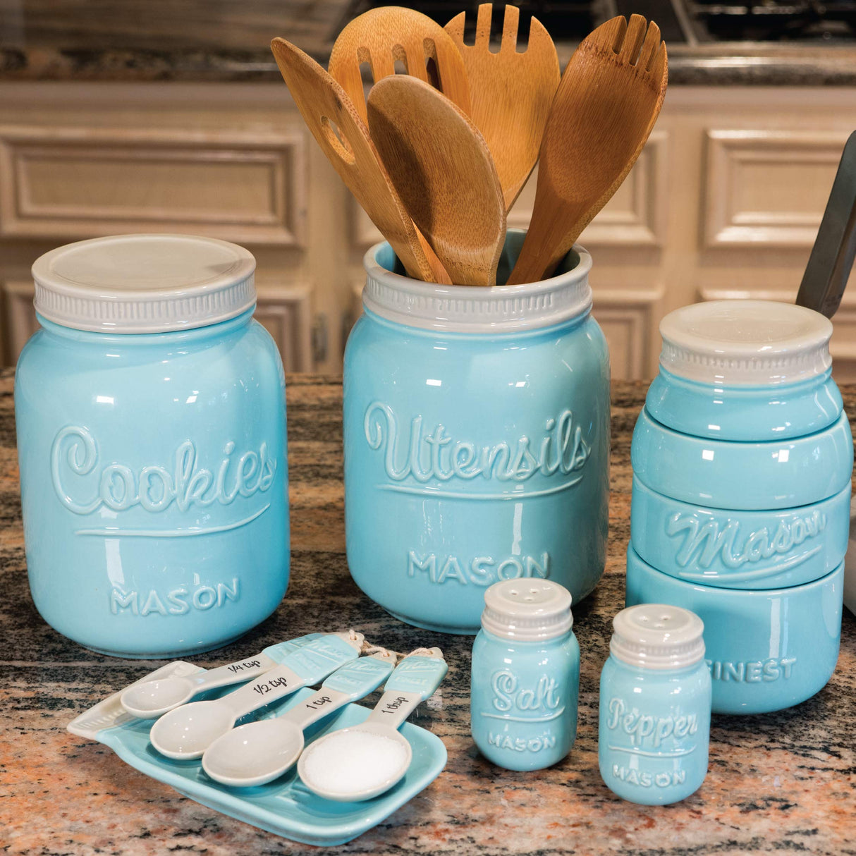 Blue Mason Jar Spoon Rest - Kitchen Spoon Holder for Stove Top - Ceramic Ladle Holder for Cooking Utensil in Rustic, Antique, Farmhouse Design Sparrow Decor