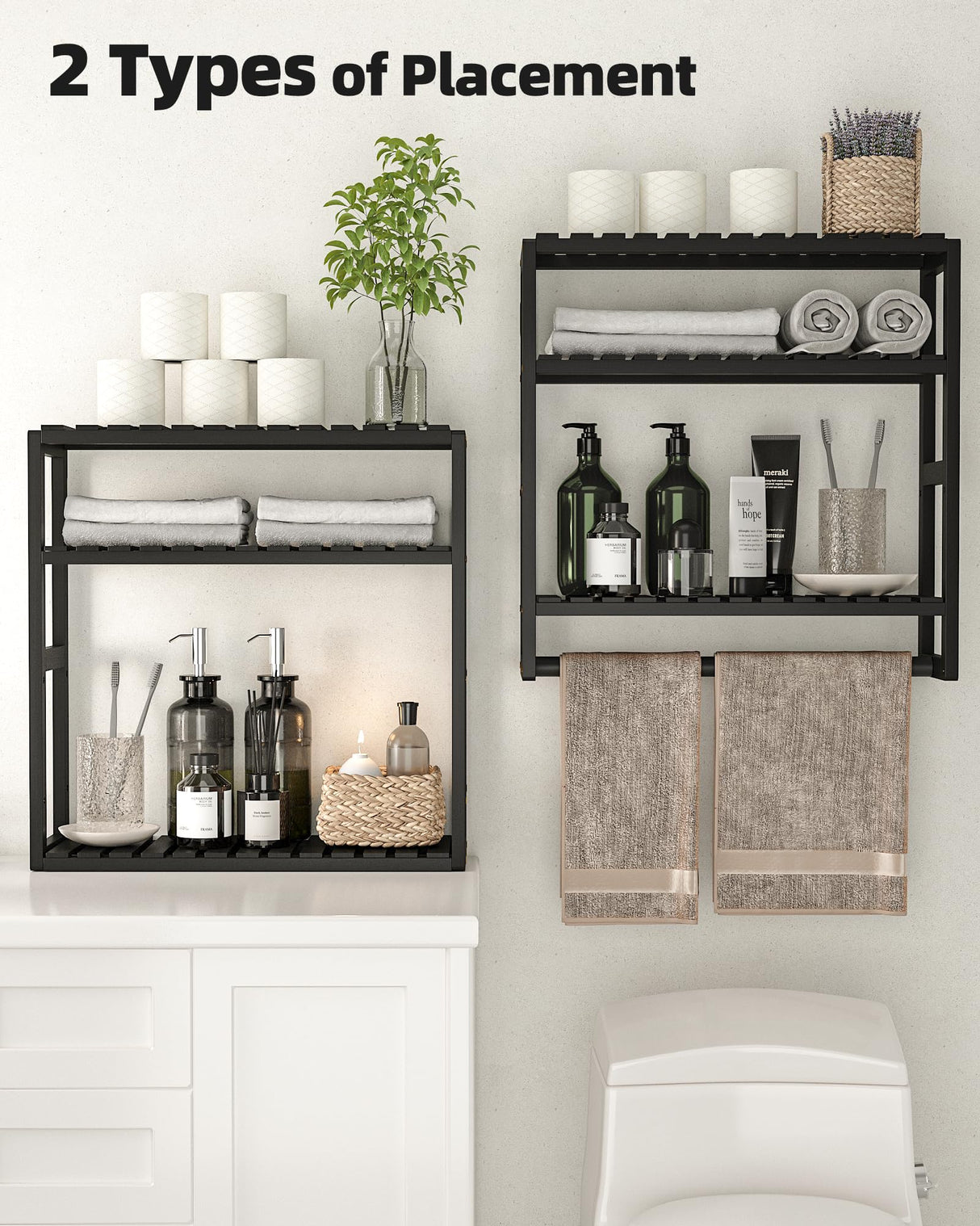 Galood Over The Toilet Storage Bathroom Shelves Wall Mounted 3 Tier Space Saver Corner Shelf Organizer Bamboo Towel Rack Toilet Paper Cabinet with Hanging Rod Black Galood