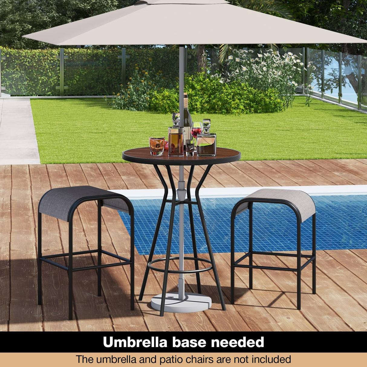 Tangkula 28” Outdoor Bar Table, Round Bar Height Table with Wood-Like Tabletop, Umbrella Hole & Footrest, Patio Bistro Table, High Top Table for Backyard, Garden & Deck Tangkula