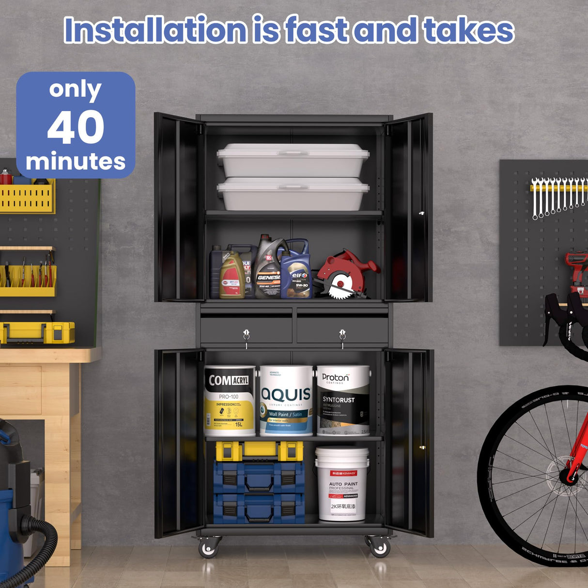 IDEALHOUSE Garage Storage Cabinet, 73 Inch Metal with Locking Doors and Adjustable Shelves, Heavy Duty Tool Cabinet with 2 Drawers IDEALHOUSE