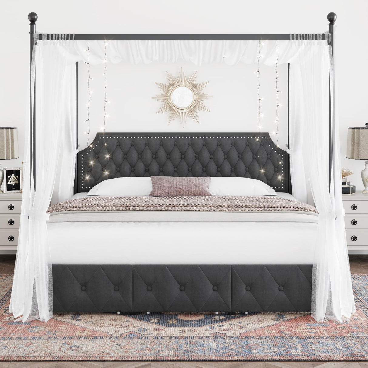 Keyluv King Upholstered Canopy Bed Frame with 3 Drawers and Button Tufted Headboard Metal Platform Bed with 4 Removable Posts Two-Purpose Velvet Bed No Box Spring Needed Dark Grey/Curtain Not Included Keyluv