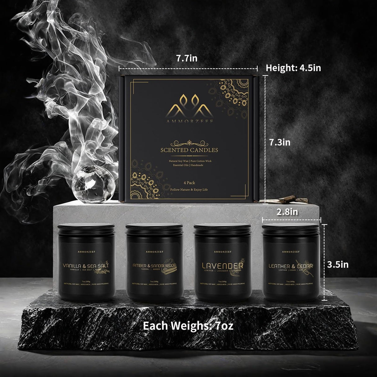 AMMORZEEF 4 Pack Manly Scented Candles for Men Soy Candle Set for Home Wood Wick Aromatherapy Candles for Relaxation Scented Leather Cedar/Lavender/Amber Sandalwood/Vanilla Candles AMMORZEEF