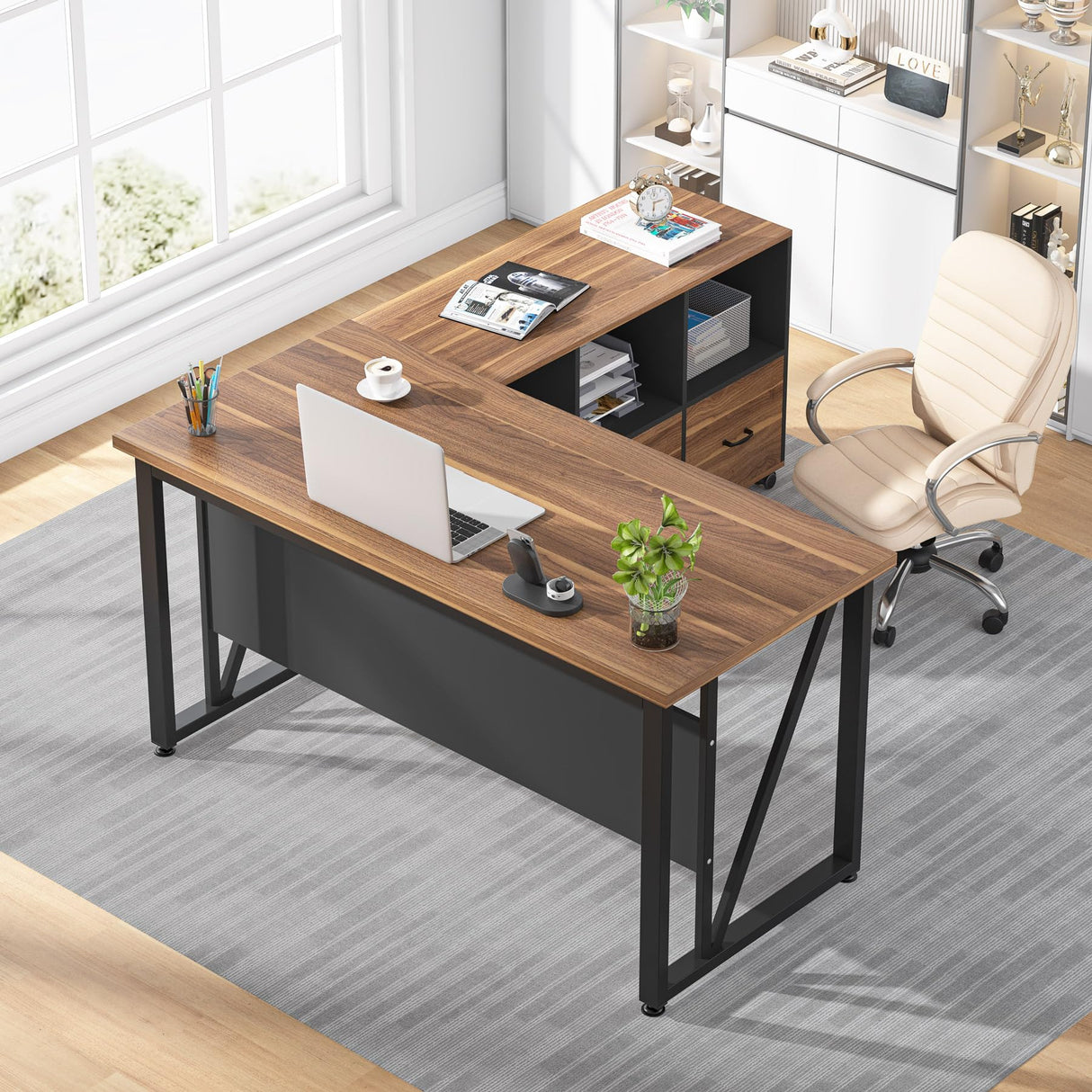 Tribesigns 55-Inch Executive Computer Desk with 43-Inch Lateral File Cabinet, Large Workstation Business Furniture, L Shaped Desk with Drawers and Storage Shelves for Home Office, Walnut Tribesigns