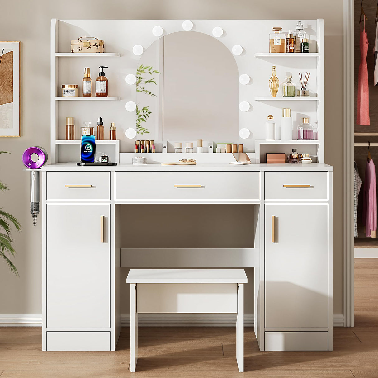 Vanity Desk with Mirror and 11 LED Lights, 43'' Makeup Vanity Table with Power Outlet & Chair, Dressing Table with 3 Drawers, 2 Cabinets and 6 Open Shelfs for Bedroom, White Decofy