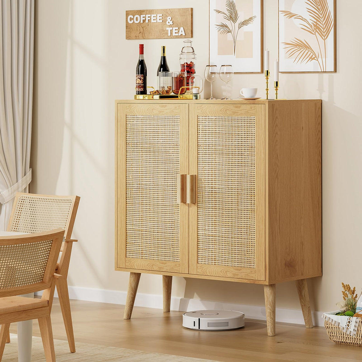 Iwell Storage Cabinet, Rattan Cabinet with Adjustable Shelf & Doors, Buffet Cabinet with Storage, Accent Cabinet for Living Room, Kitchen, Entryway, Natural Iwell