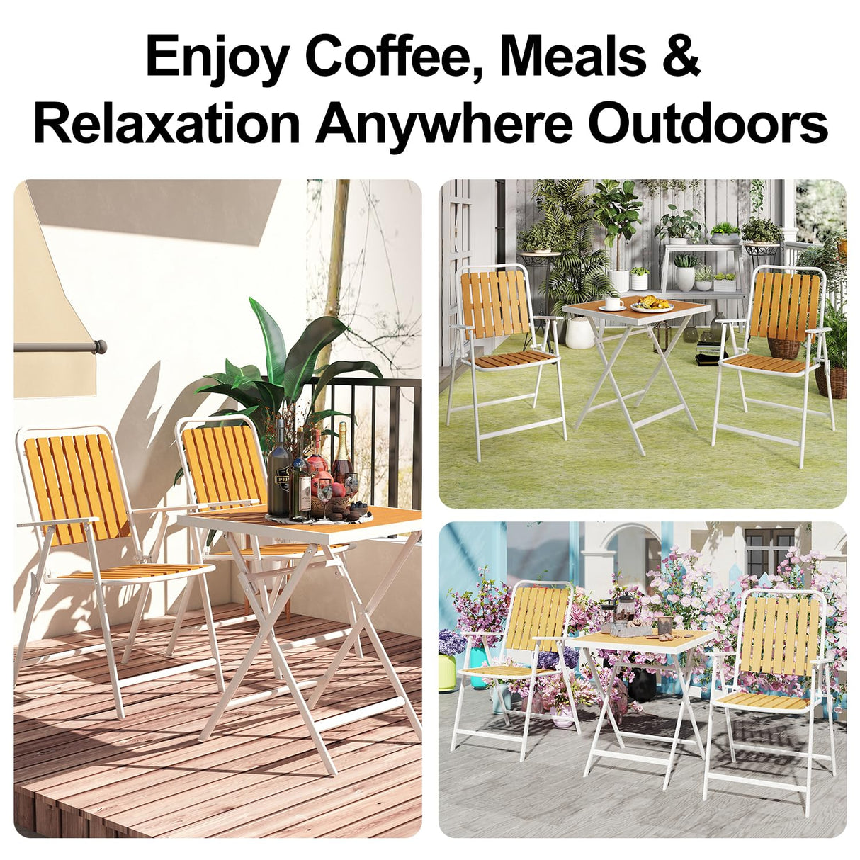 Aug-guan 3 Piece Outdoor Bistro Set with Yellow Wood-Look Tabletop, Patio Table and Chairs Set of 2, Folding Small Balcony Furniture for Garden, Deck, Porch, Outdoor Bistro Patio Set Aug-guan