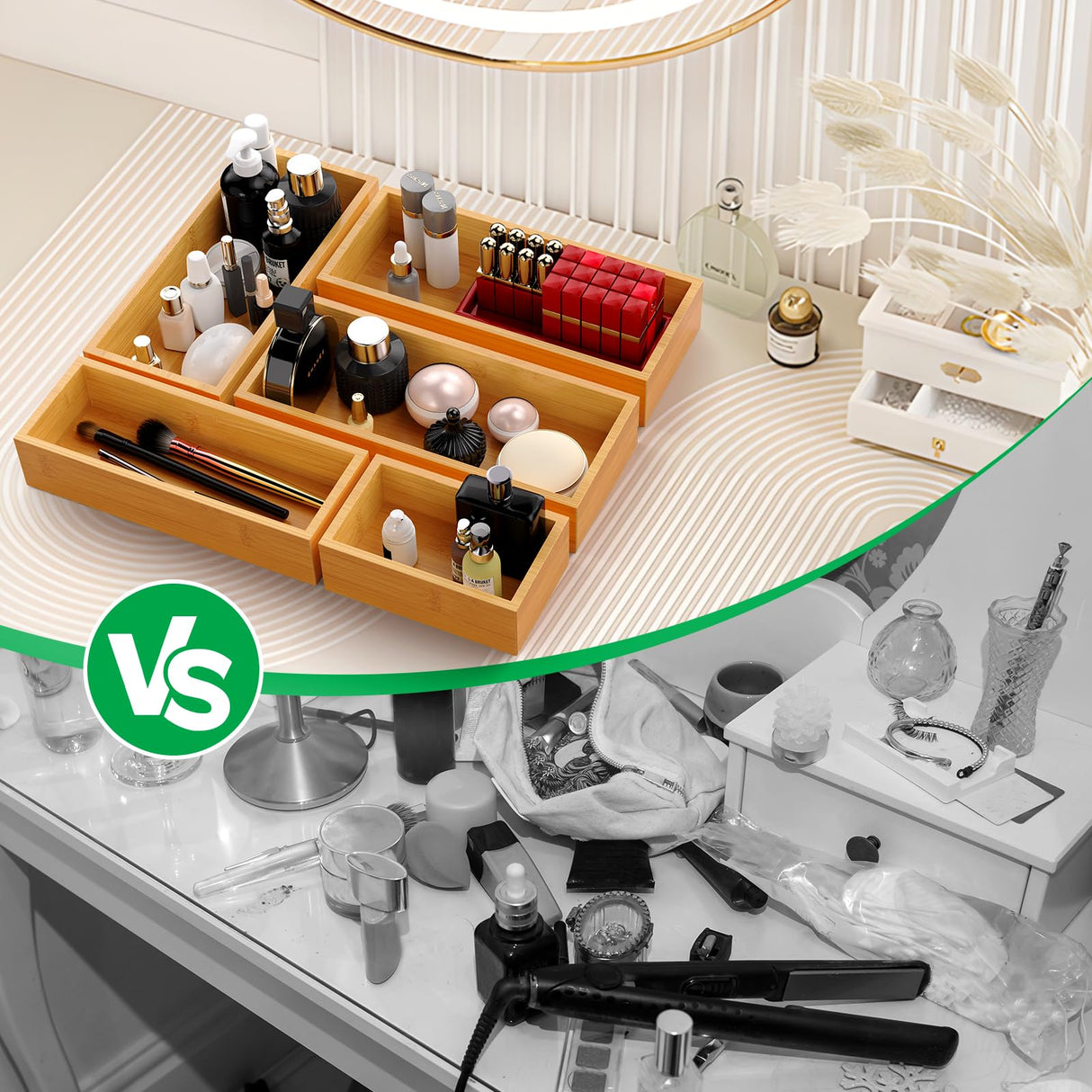 Bamboo Drawer Organizer Set, 5-Piece Storage Trays for Kitchen, Bathroom, Office Desk, Makeup & Junk Drawers,Utensils Bayting