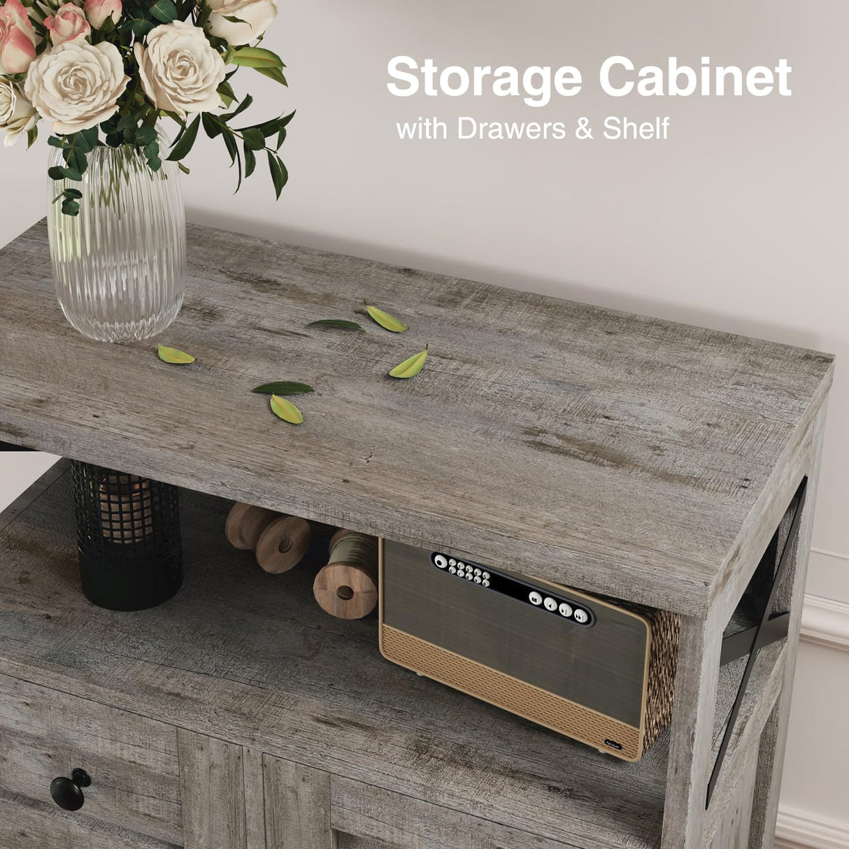 Befrases Farmhouse Storage Cabinet with Drawers and Adjustable Shelves, Freestanding Kitchen Pantry Storage Cabinet, Floor Storage Cupboard for Dining Living Room Home Office, Washed Grey Befrases