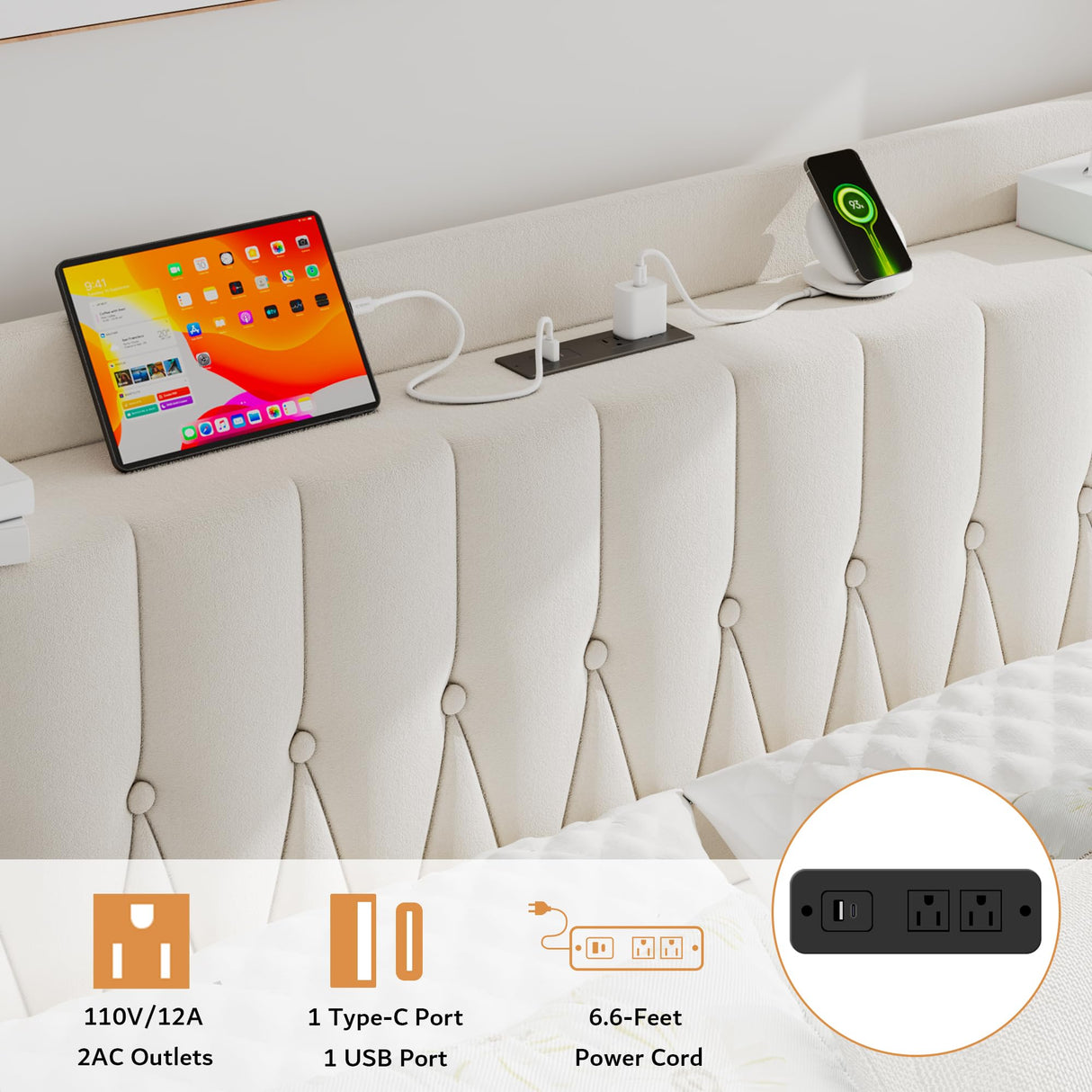 iPormis Full Size Metal Bed Frame with Charging Station, Velvet Upholstered Headboard and Footboard, Heavy Duty Steel Support, 12" Under Bed Storage, No Box Spring Needed, Easy Assembly, Beige iPormis