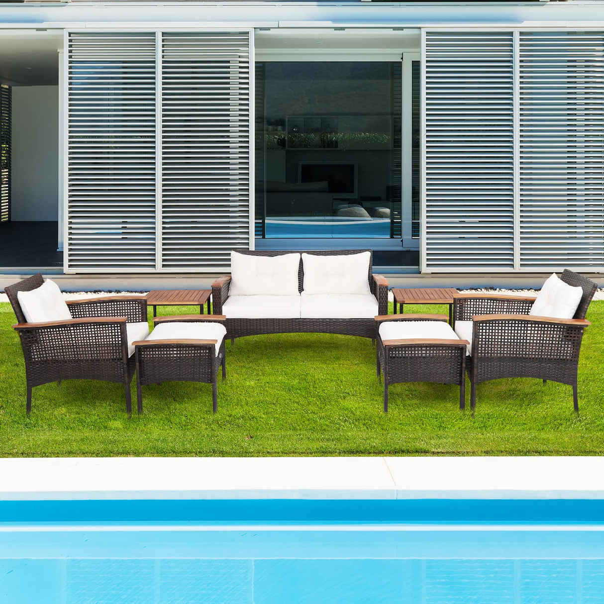 Tangkula 7 Piece Wicker Patio Furniture Set, Patiojoy Acacia Wood Patio Conversation Set with 2 Ottomans and 2 Storage Side Tables with Lower Shelf, Outdoor Cushioned Sectional Sofa Set (Off White) Tangkula