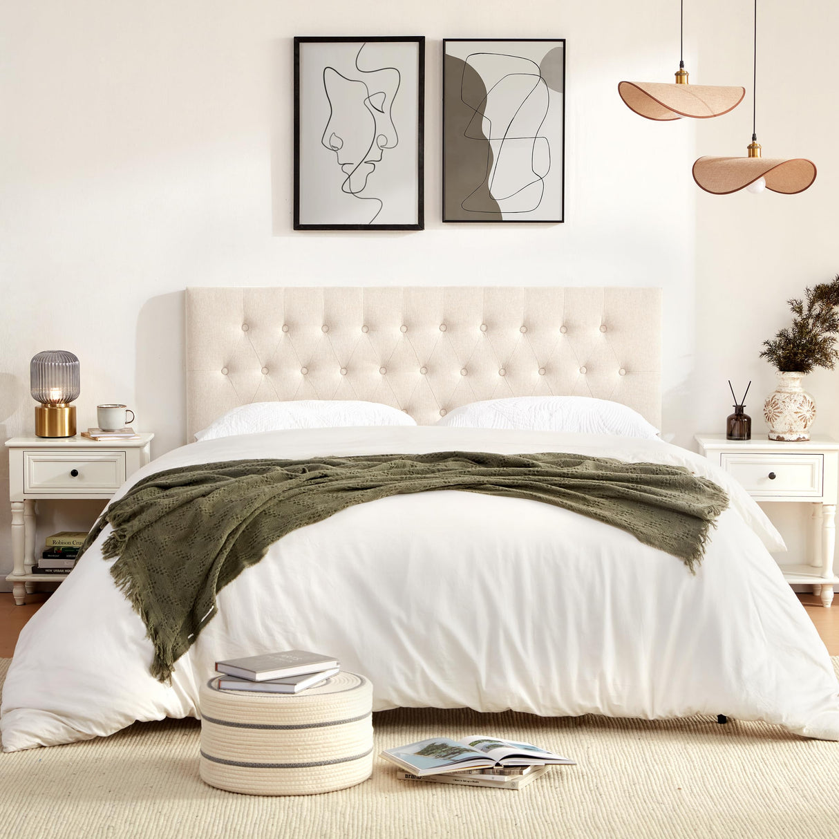 Huatean Home Tufted Upholstered Headboard Twin Size, Solid Wood Head Board with Durable Metal Legs, Adjustable Height Twin XL headboard from 37” to 51” Fabric Headboard in Modern Button Design, Beige Huatean Home