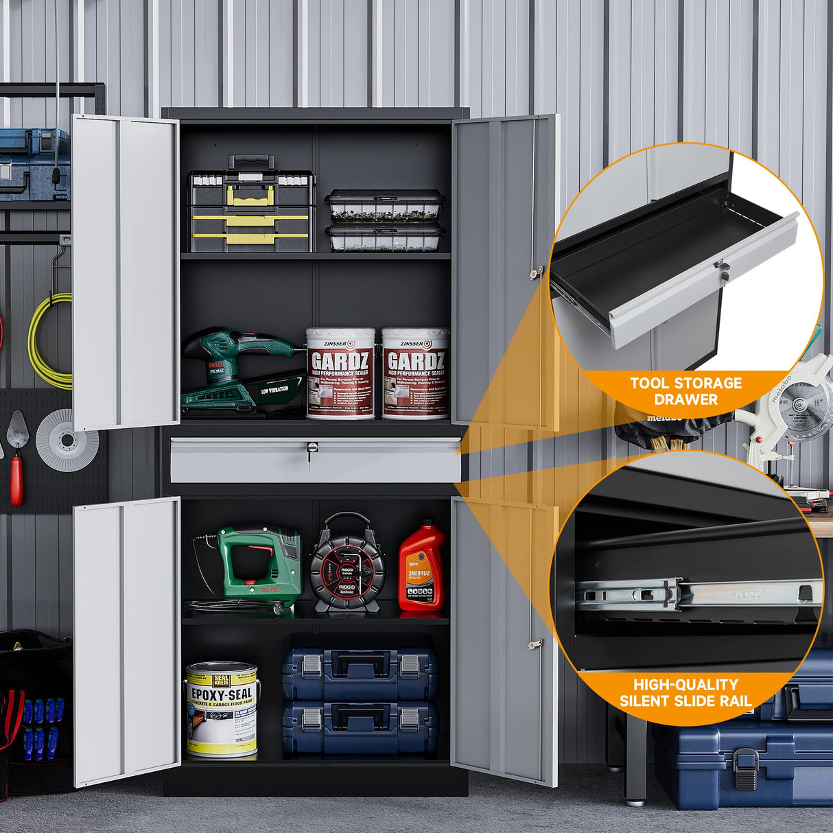 STANI Metal Garage Storage Cabinets with Drawer, 4 Doors Tool Storage Cabinet with 2 Adjustable Shelves, 71"-Lock Steel Locking Cabinet for Garage Utility Room Home Office (Black Grey, 0 Wheel-71 H) STANI