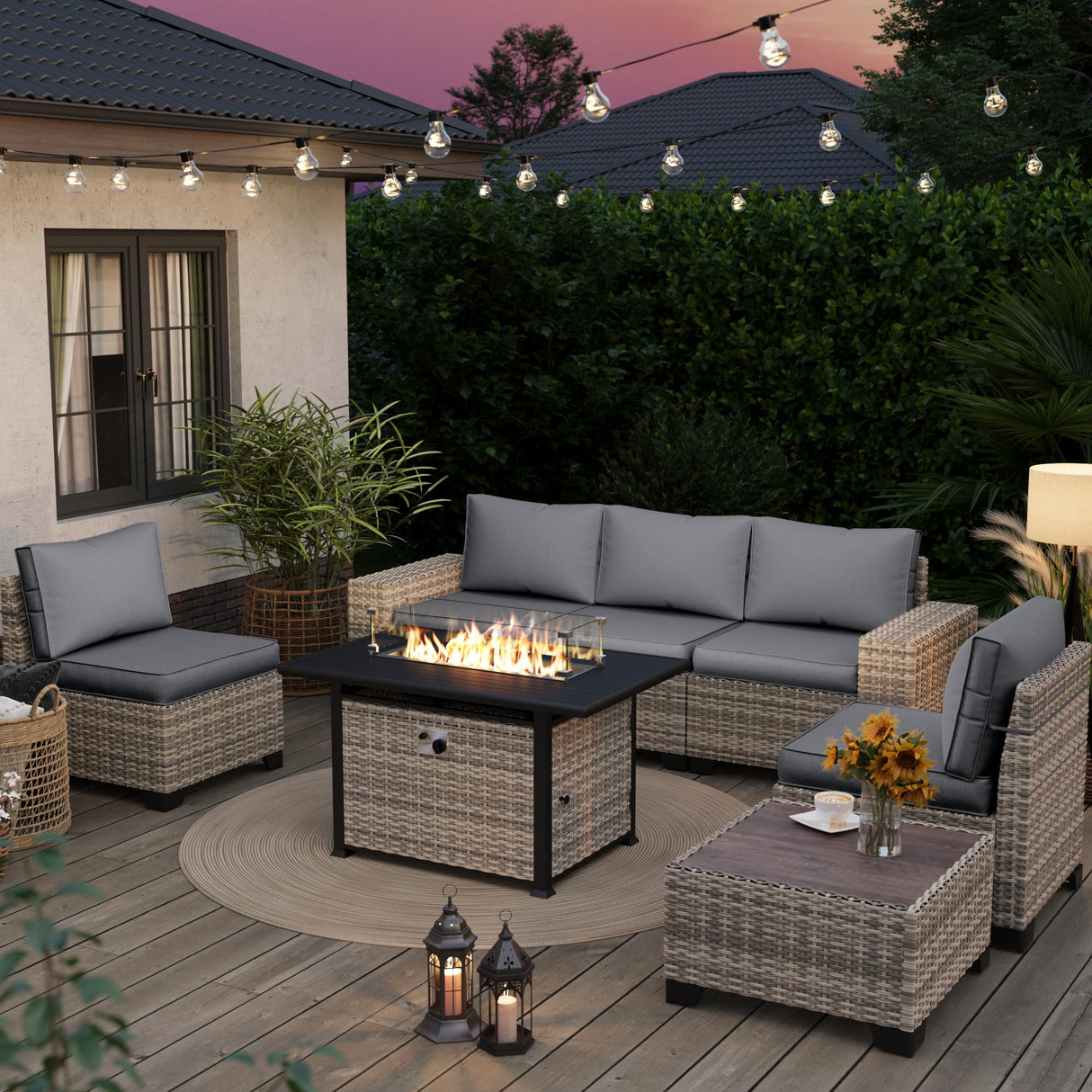 Muphyers 7-Piece Outdoor Patio Furniture Set with 55,000 BTU Fire Pit Table, PE Wicker Rattan Sectional Sofa Patio Conversation Set with Thickened Cushions & Coffee Table, Grey Muphyers