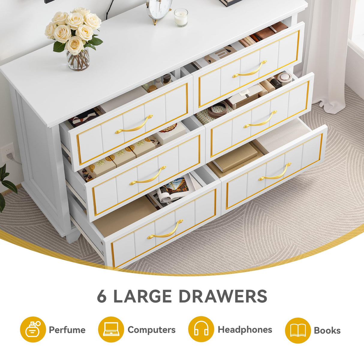 DWVO Farmhouse Wooden Dresser TV Stand with Power Outlet, 6-Drawer Dresser with Large Storage Drawers and Bar Handles, Ideal for Living Room, Hallway, 47.2" L x 15.7" W x 33.4" H - White & Walnut DWVO