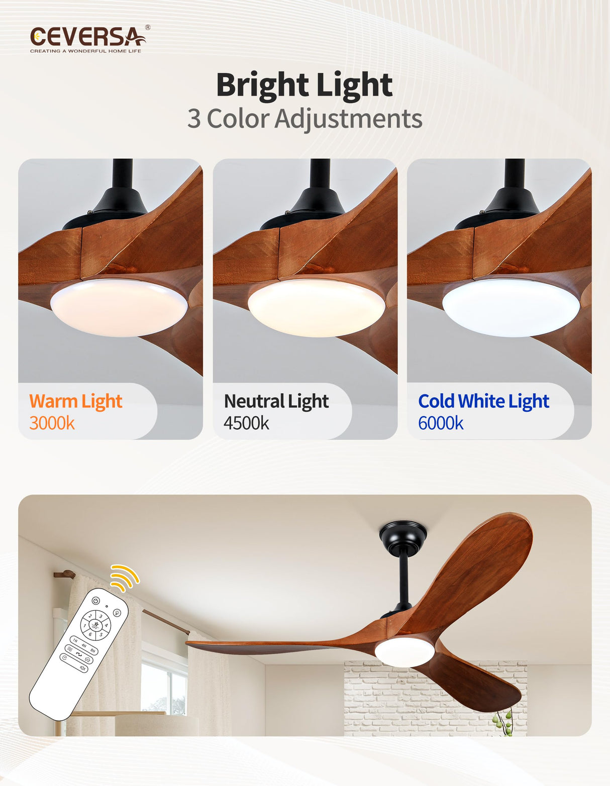 Ceversa 52 Inch Propeller Ceiling Fans with Lights and Remote,3 Blades Wood Rustic Ceiling Fans,Quiet Noiseless DC Motor,Outdoor Modern Ceiing Fans for Farmhouse,Living Room,Bedroom,Indoor,Walnut Ceversa
