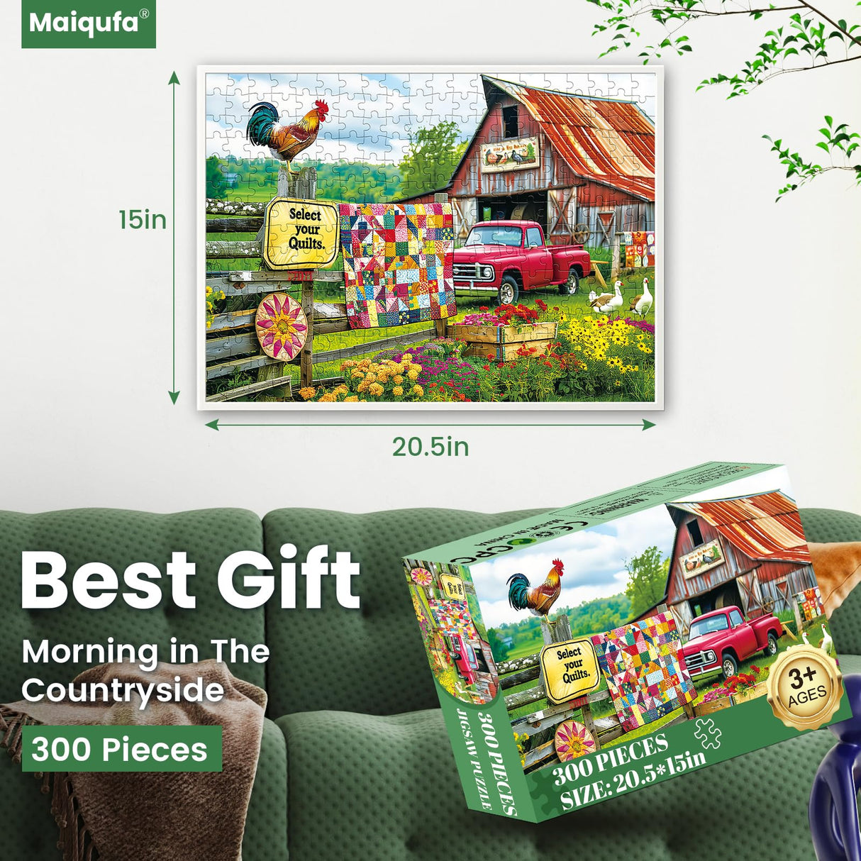 300 Pieces Puzzle for Adults | Country Life Puzzle | Recycled Cardboard Large Piece Jigsaw Puzzles 300 Pieces | Challenging Game Home Decor Birthday Party Gift Toy for Adults Kids Seniors 20.5*15 inch Maiqufa