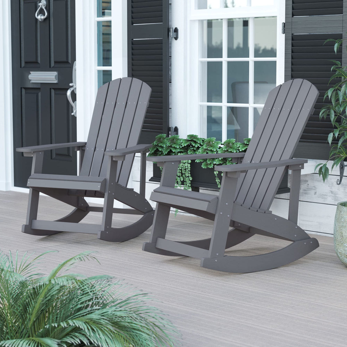 Flash Furniture Savannah All Weather Adirondack Rocking Chairs, Polyresin Wood Adirondack Chair with 350-lb. Static Weight Capacity, Set of 2, Gray Flash Furniture
