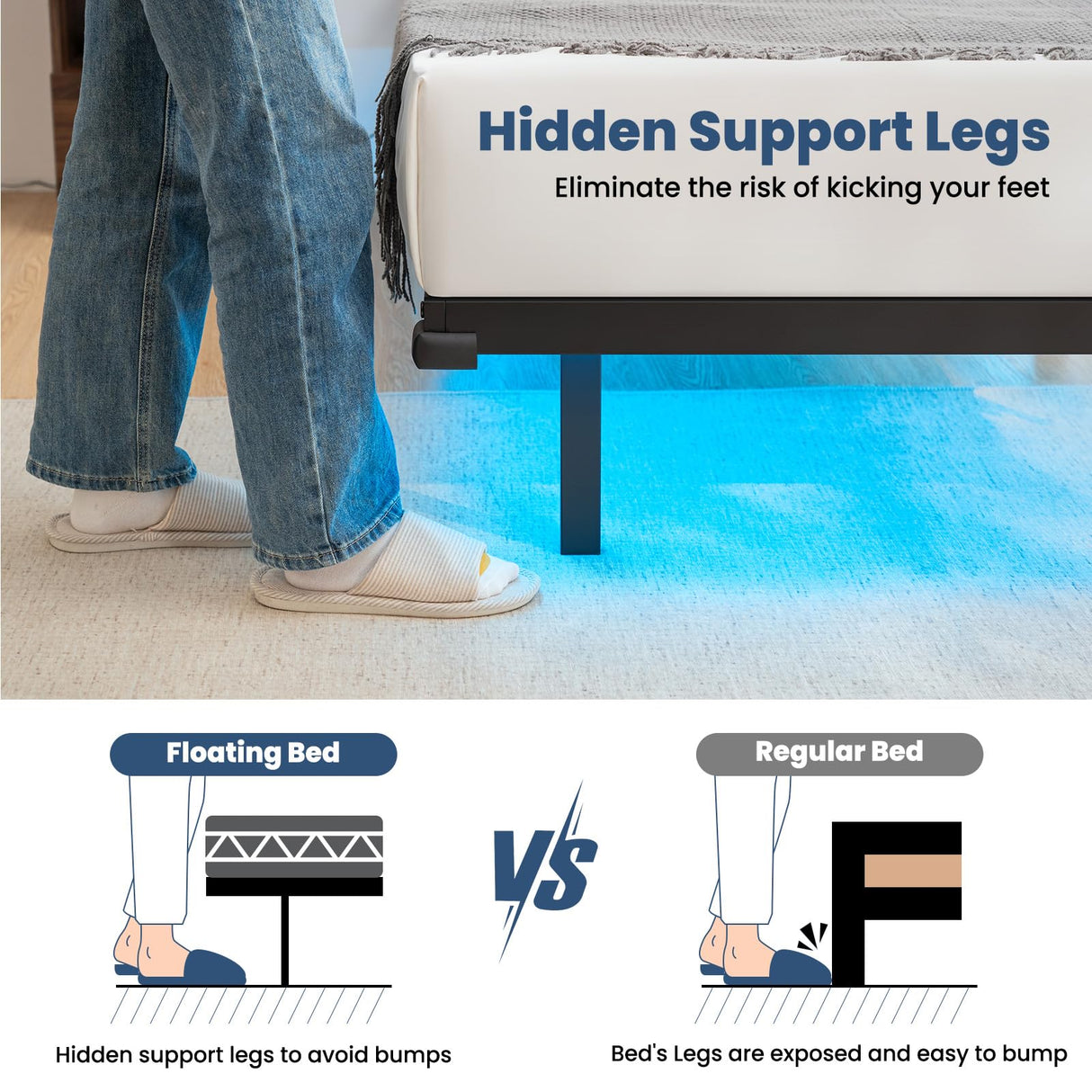 LUSIMO King Size Floating Bed Frame with LED Lights & Under-Bed Storage, Heavy Duty Metal Platform, 12 Inch Height LUSIMO