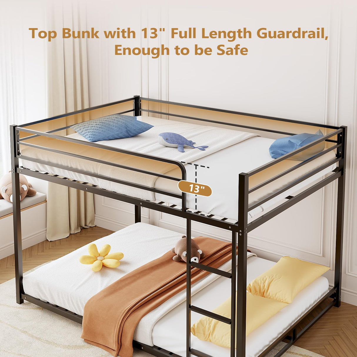 JOYMOR Metal Bunk Bed Full Over Full, Twin Size Bed Frame for Boys Girls, Junior, Low Profile Bunk, Space Saving Design, Mattress Not Included (Black) JOYMOR