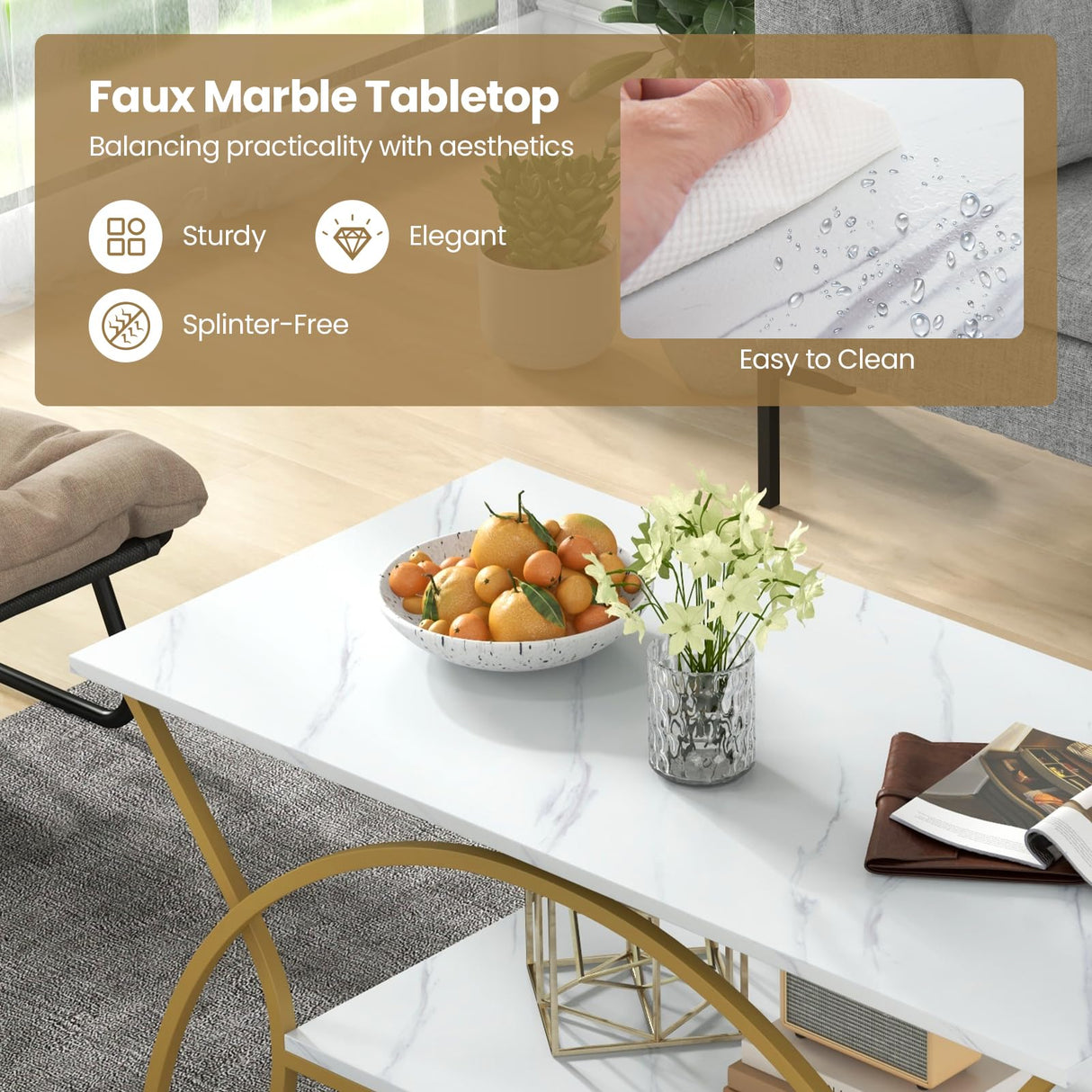 COSTWAY Marble Coffee Table, 2-Tier Modern Faux Marble Accent Table with Storage and Gold Finished Metal Frame, Chic Rectangular End Table for Living Room Office Lounge COSTWAY