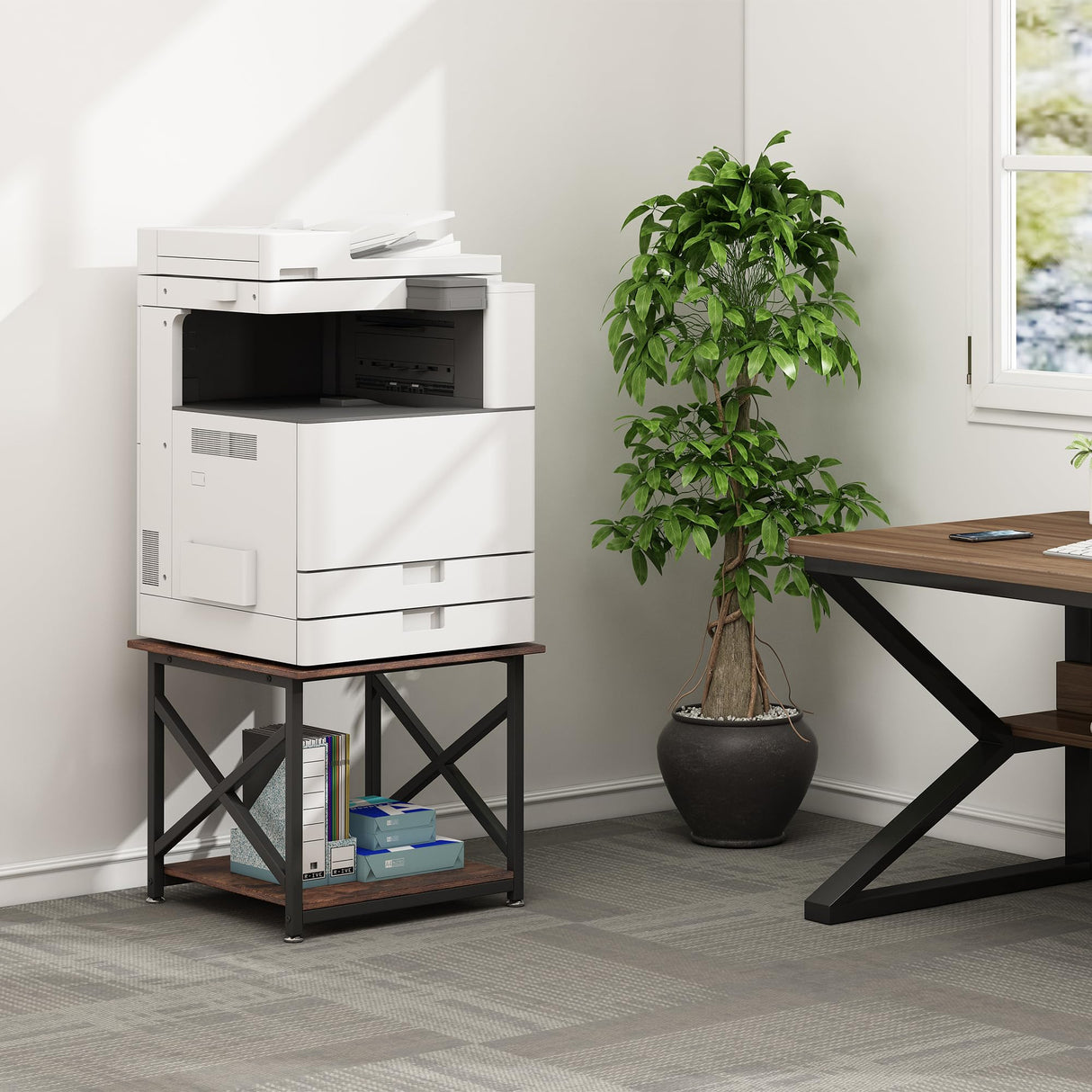 Fannova Large Printer Stand, 23.6 x 23.6 x 22.6 Inches Square Printer Table with Storage Shelf, 2 Tier Rolling Printer Cart with Industrial Wheels for Home Office - Rustic Brown Fannova