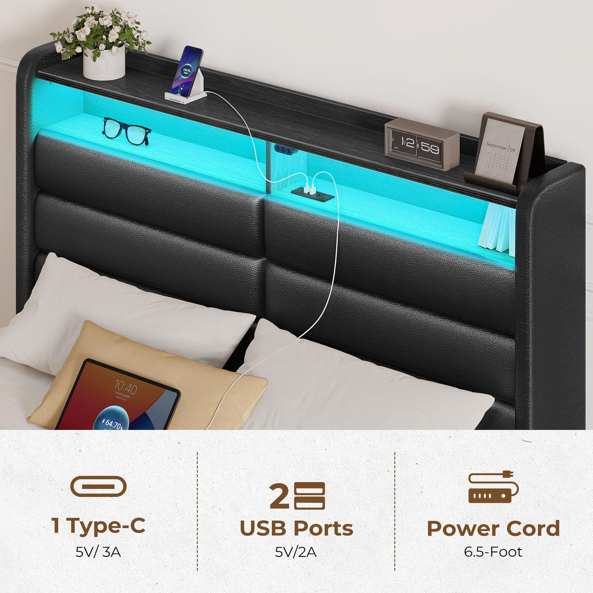 Seventable Queen Size Bed Frame with 4 Storage Drawers & Charging Station, Upholstered Platform Bed with Storage Headboard and LED Light, No Box Spring Needed, Noise Free, Easy Assembly, Black Seventable