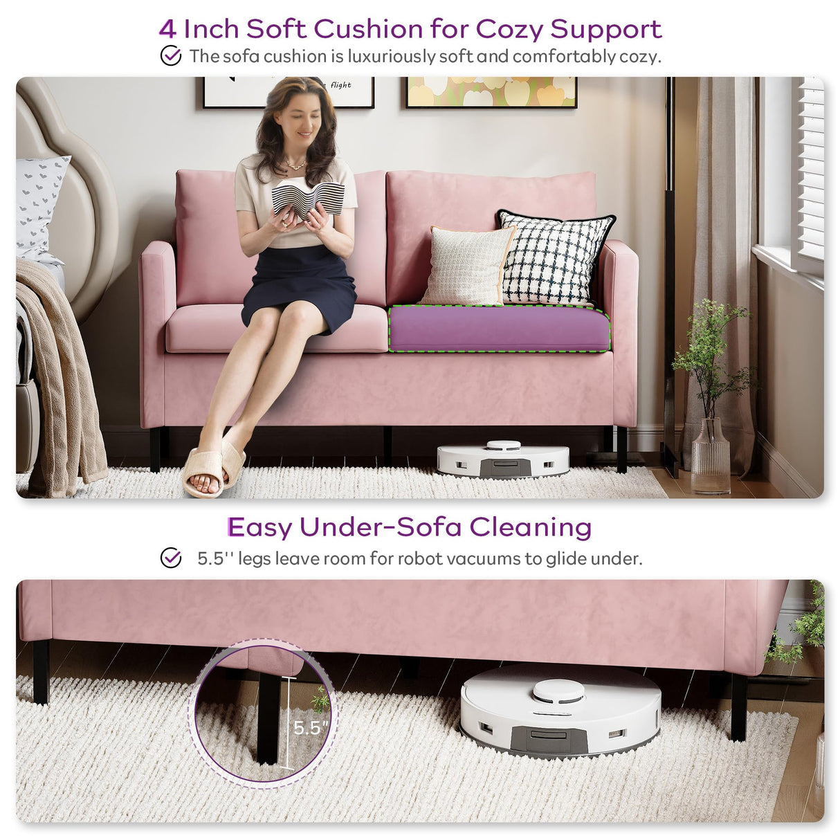 TYBOATLE Sofa Couch Mid Century Modern Small Loveseat for Living Room, 51" W Mini Little Upholstered 2-Seater Love Seats w/Iron Legs for Compact Small Space, Apartment, Bedroom, Dorm, Office (Pink) TYBOATLE