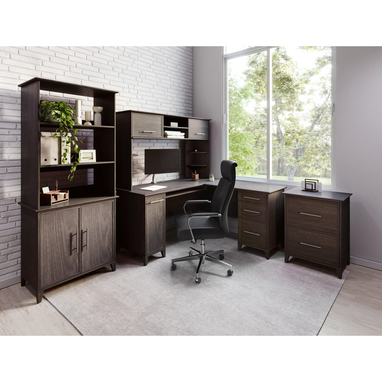 Realspace® Koru 60" W L-Shaped Corner Computer Desk with Integrated Power & Charging, Espresso Oak Realspace