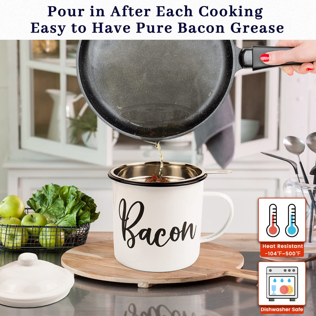 Bacon Grease Container with Strainer - With Food-Grade Silicone Spatula , 46oz Large Enamel Rustic Farmhouse Fat Container , Keeper , Recipes , Dishwasher Safe Ayerphalo