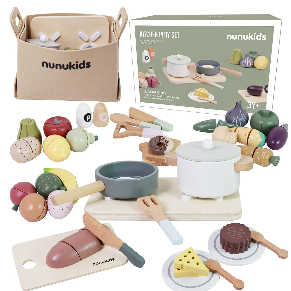 nunukids Wooden Play Food Sets for Kids Kitchen 42 pc Wooden Toys with Storage Basket Wood Pretend Food Play Kitchen Accessories Set nunukids