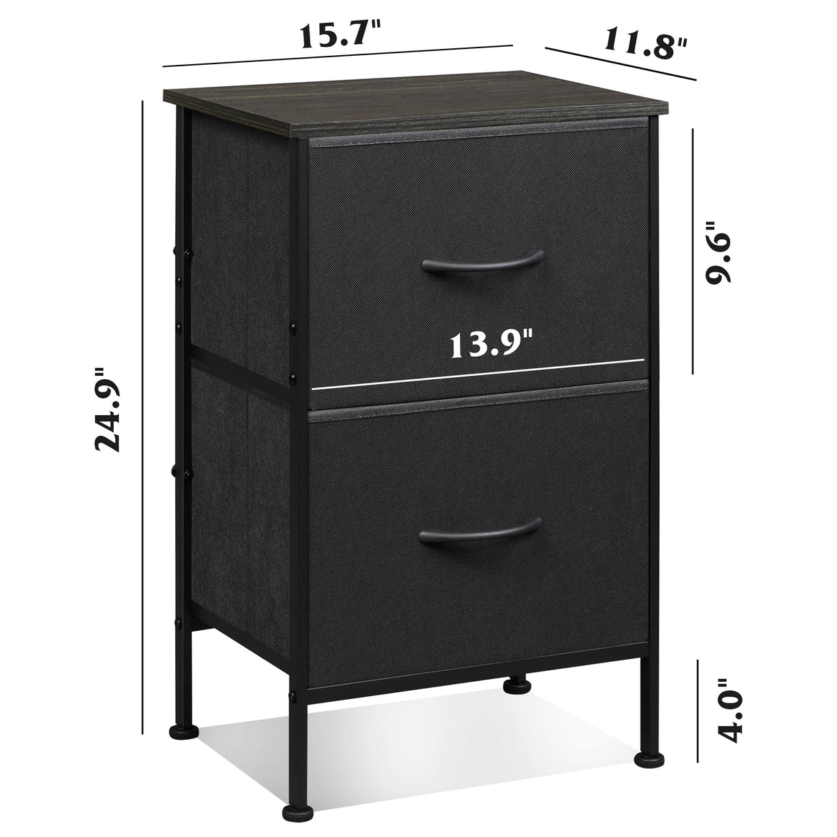 WLIVE Black Night Stand, Nightstand with 2 Drawers, Small Dresser for Bedroom, Bedside Table Furniture, College Dorm, End Table with Fabric Bins, Size L 24.9" H WLIVE
