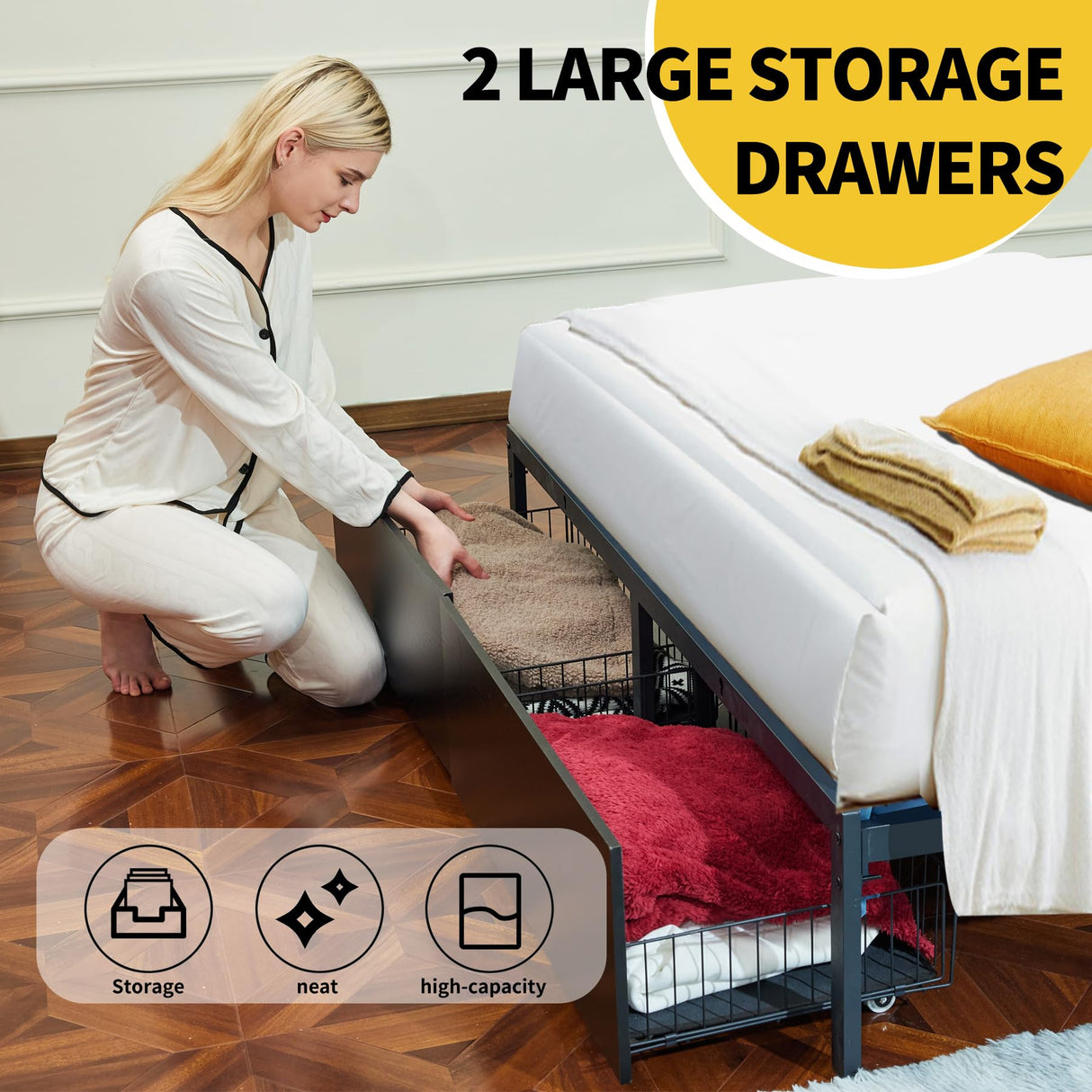 Natekelly Black Queen Bed Frame with Headboard Charging Station, LED Lights & Storage Drawers Natekelly