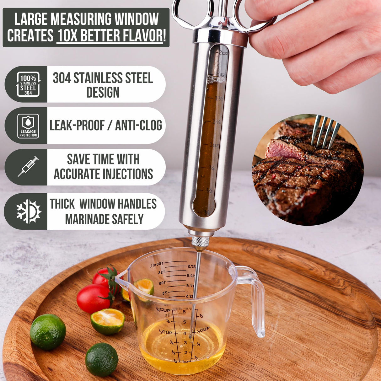 Professional Meat Injector Marinade Syringe Kit for Smoking & Grilling Turkey, Brisket, & BBQ - Large 2 Oz Visible Stainless Steel Capacity - Never Leaks or Clogs + Flavor Brush & 2 Shredding Claws Iron Grillers