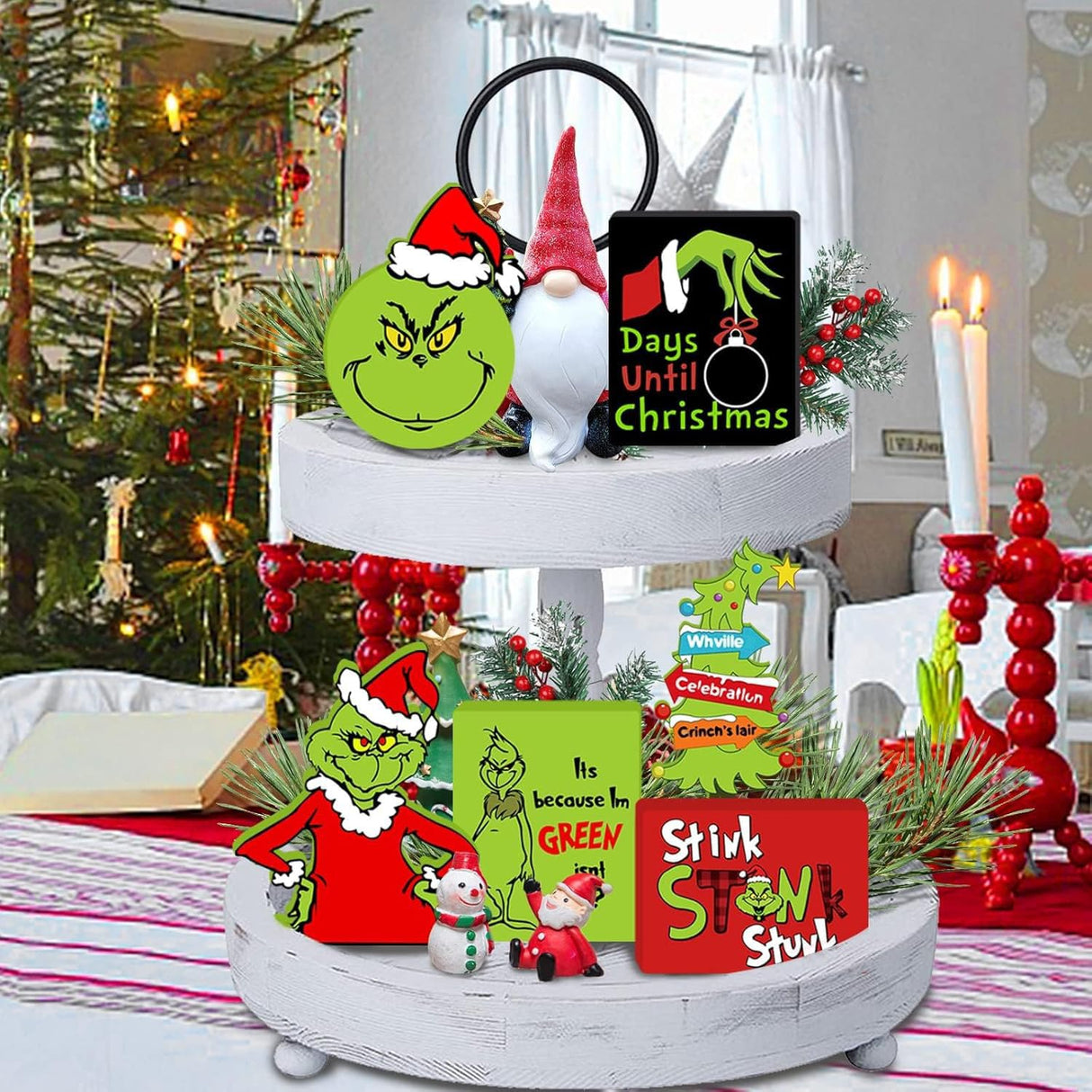 Christmas Tiered Tray Decorations - 6pcs Wooden Signs Table Centerpieces for Holiday Indoor Home Table Top Decorations AMUHUA