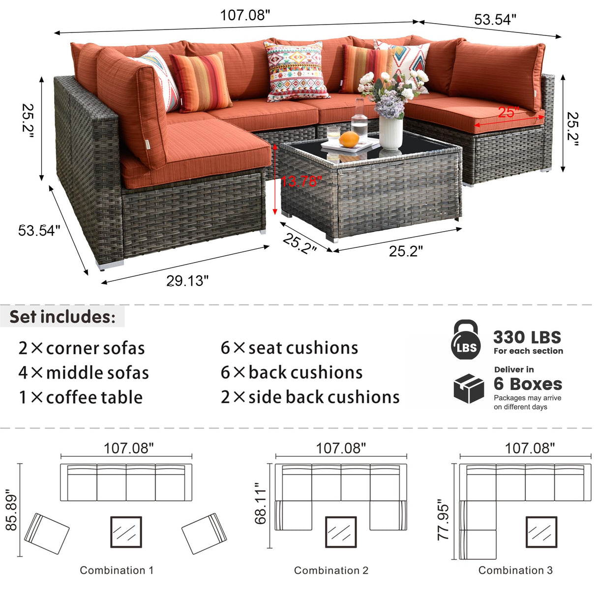 HOOOWOOO Patio Outdoor Sectional Furniture Sofa Set,7 Piece U Shaped Corner Wicker Rattan Couch Set,Rustic 6 Persons Summer Patio Conversation Set for Outside Porch Deck Garden(Orange Red) HOOOWOOO