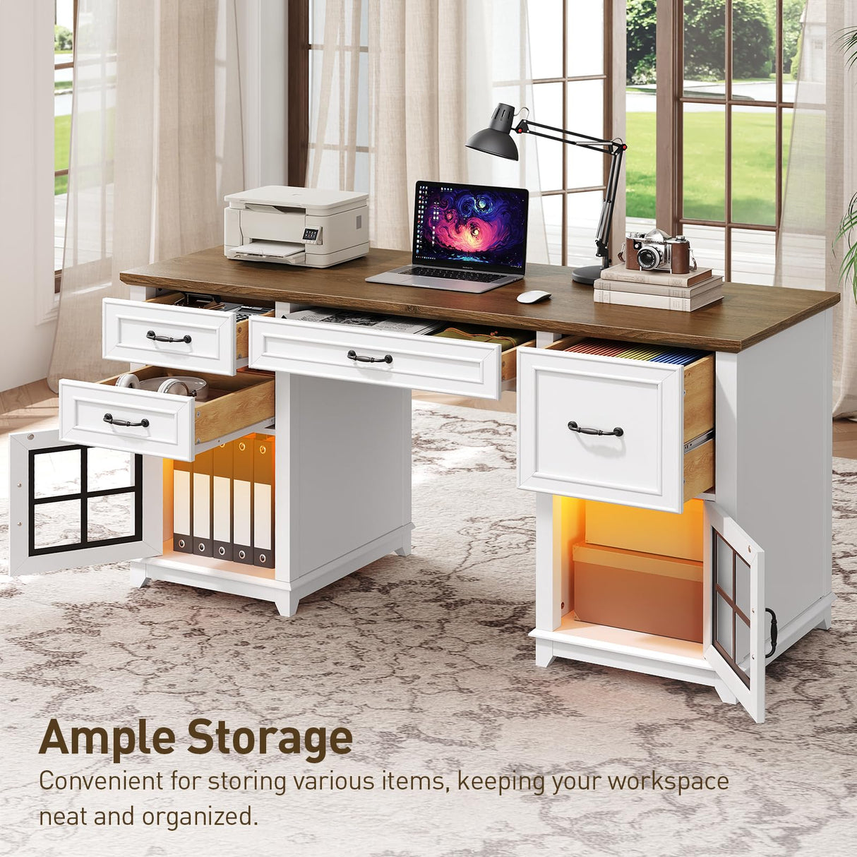 RALGEND 58" Farmhouse Executive Desk with Drawers, Wooden Home Office Desk with Power Outlet & LED Light, Computer Desk with File Drawer and Cabinet, Workspace for Study, White and Walnut RALGEND