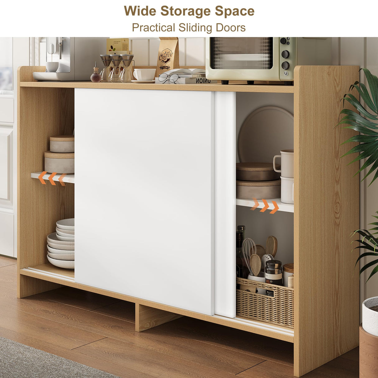 HIFIT Kitchen Buffet Cabinet with Storage, 43" Farmhouse Modern Coffee Bar Storage Cabinet with Sliding Doors/Shelf/Microwave Stand, Accent Sideboard for Kitchen Dining Living Room Entryway, White-Oak HIFIT